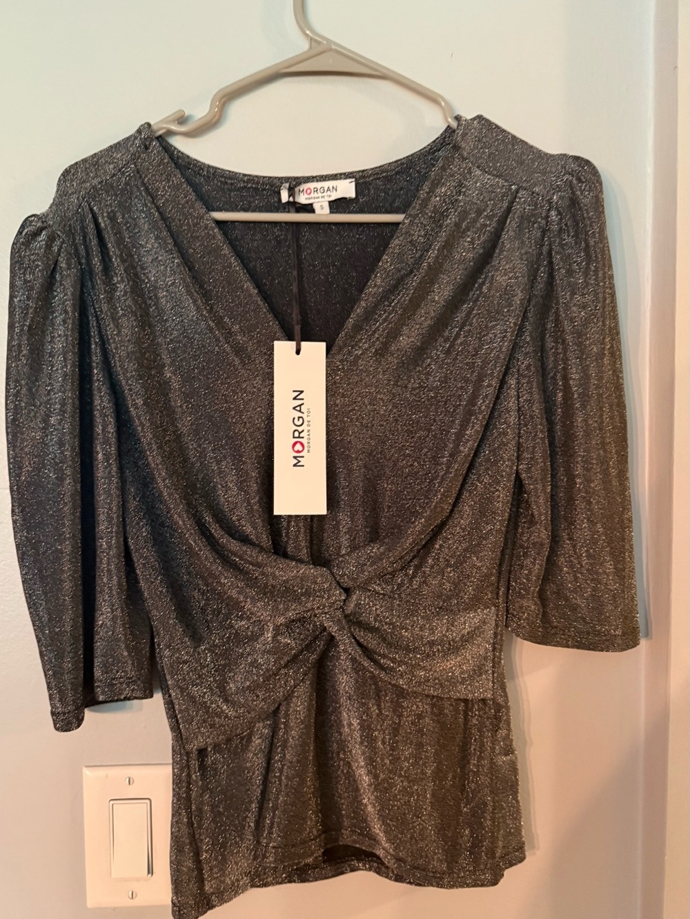 Morgan de Toi Metallic Black V-Neck Top with Branded Tag
